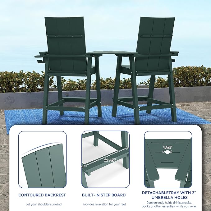 FOOWIN Tall Adirondack Chairs Set of 2,HDPE Adirondack Bar Stools with Connecting Tray & Cup Holders,Weather Resistant Balcony Chair for Outdoor Deck Lawn Pool Backyard Green