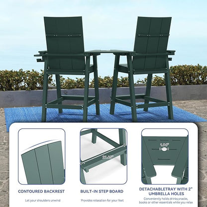 FOOWIN Tall Adirondack Chairs Set of 2,HDPE Adirondack Bar Stools with Connecting Tray & Cup Holders,Weather Resistant Balcony Chair for Outdoor Deck Lawn Pool Backyard Green