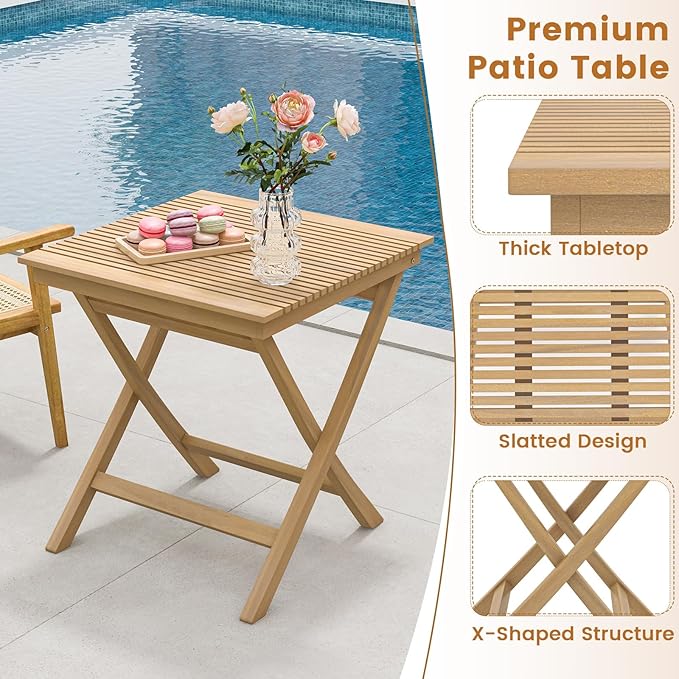 Tangkula 27.5 Inch Teak Wood Patio Dining Table, Square Outdoor Bistro Table with Slatted Tabletop, Sturdy Wood Frame & Thickened Top, Teak Outside Dining Table for Balcony, Deck, Backyard, 2 Pack