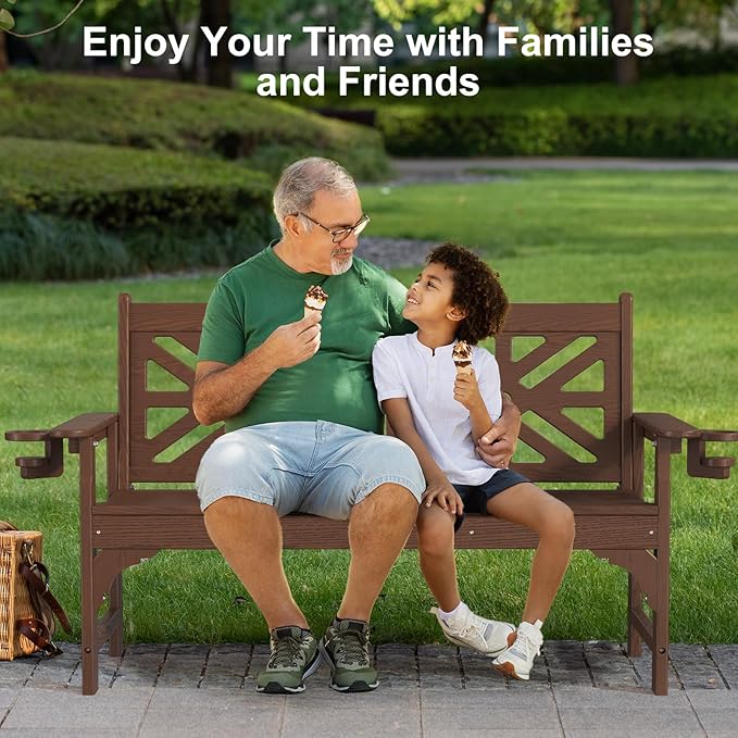 Oversized Outdoor Bench Set of 2, 51.5” HDPE Aesthetic Garden Bench with Cup Holders, Memorial Benches - Easy Assembly & All Weather, for Porch & Patio, 800lbs Load Capacity (Brown)