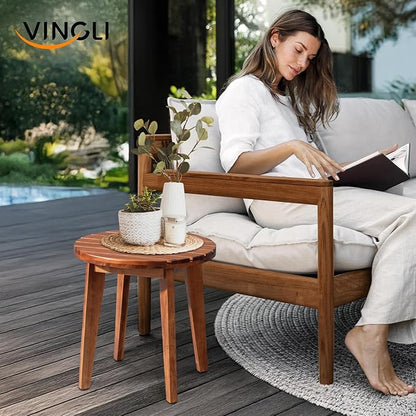 VINGLI Solid Wood Outdoor Side Table, Weather-Resistant Round Patio End Accent Table for Garden, Balcony, Porch, Natural
