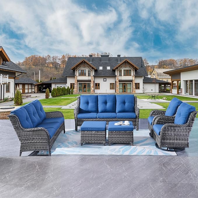 Rilyson Wicker Patio Furniture Set - 6 Piece Rattan Outdoor Sectional Conversation Sets with 2 Rocking Swivel Chairs,2 Ottomans and 2 Sofa for Porch Deck Garden(Mixed Grey/Blue)