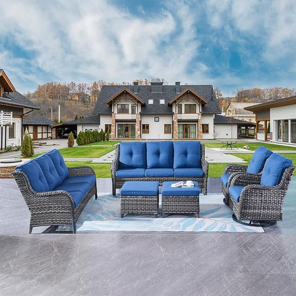 Rilyson Wicker Patio Furniture Set - 6 Piece Rattan Outdoor Sectional Conversation Sets with 2 Rocking Swivel Chairs - Photo 1