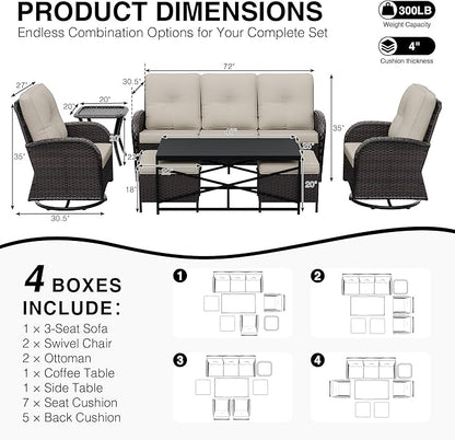 Joyside Wicker Patio Furniture Set, 7 Piece Outdoor Furniture Set with Thickened Cushions, High Back, Deep Seating, Wide Armrest, Outdoor Swivel Rocker Chairs for Porch, Deck