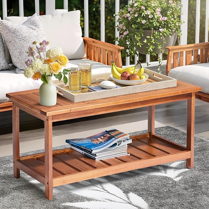 VINGLI Outdoor Wooden Coffee Table, 2-Tier Storage Rectangle Patio Coffee Table for Outside, Solid Wood Low Outdoor Table for Balcony Porch and Deck