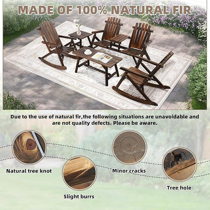5-Piece Outdoor Wood Log Rocking Conversation Set, Patio Adirondack Furniture Chair Set Including 2-Seater Garden Bench & Built-in Table, 2 Coffee Table, 2 Log Rocker Chair, Carbonized