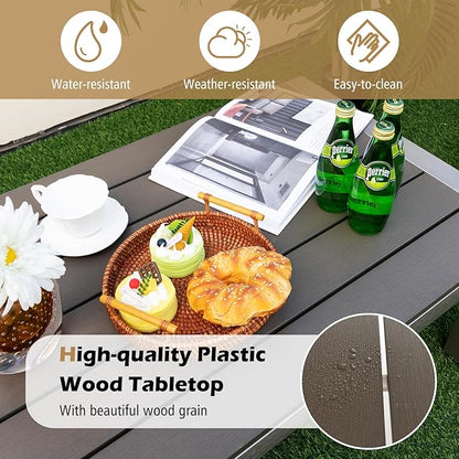 Tangkula Aluminum Outdoor Coffee Table, Modern Rectangular Cocktail Table with Plastic Wood Tabletop & Rustproof Aluminum Frame, All-Weather Accent Table for Patio, Poolside, Garden (Grey)