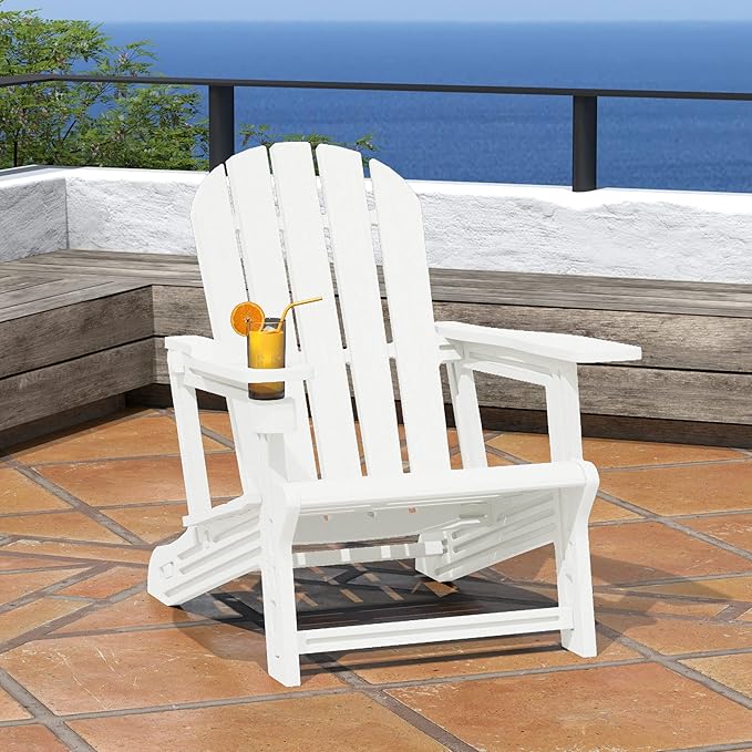 Costaelm Tool-Free Assembly Outdoor Patio HDPE Plastic Adirondack Chair with Cup Holder, White