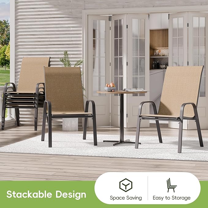 Patio Chairs Set of 6, Outdoor Dining Chairs Stackable for All Weather, Breathable Metal Modern Outside Furniture Chair for Pool Side, Garden, Backyard Deck, Brown