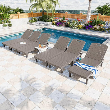 Outdoor Chaise Lounge Set of 6, 5-Position Adjustable Sun Lounge w/Pull-Out Tray, Waterproof PP Lounge Chairs for Outside, Lounge Chairs for Poolside, Patio, Beach, Yard in All Weather,Taupe