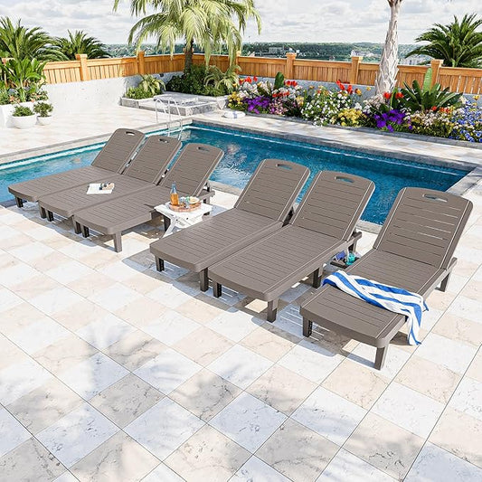 Outdoor Chaise Lounge Set of 6, 5-Position Adjustable Sun Lounge w/Pull-Out Tray, Waterproof PP Lounge Chairs for Outside, Lounge Chairs for Poolside, Patio, Beach, Yard in All Weather,Taupe