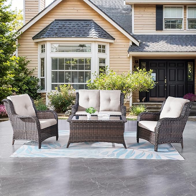 Belord Wicker Furniture 4 Pieces Outdoor Patio Furniture Set Patio Loveseat Sofa Set with Wicker Chairs and Coffee Table - Photo 1