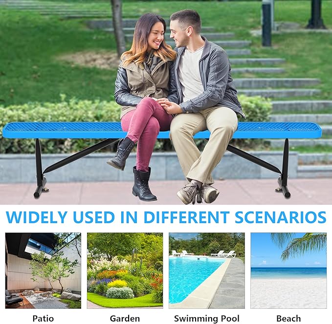 8 Feet Outdoor Steel Bench, Blue Heavy Duty Metal Park Bench for Outside, Weatherproof Dock Bench, 96" L Commercial Benches Mesh Bench for Shopping Mall, Store, Lawn, Park, Patio, Deck, Garden