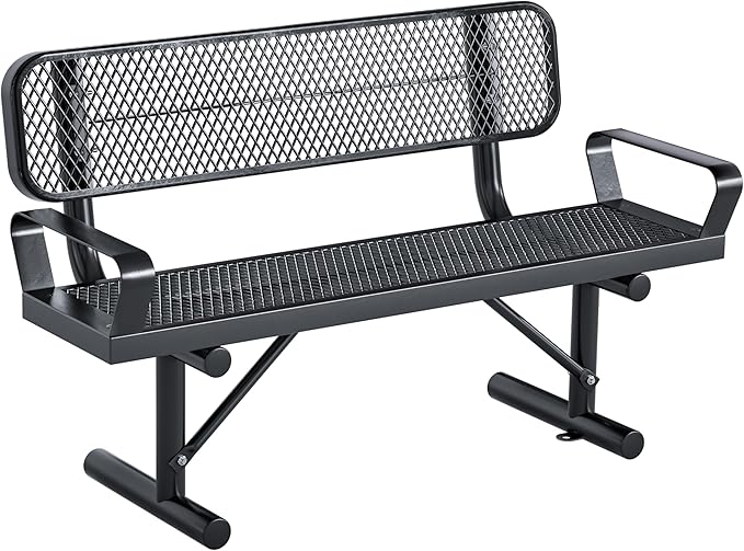 Outdoor Garden Bench, Cast Iron Metal Frame Patio Park Bench with Backrest, Portable Expanded Metal Black Bench, Commercial-Grade Outdoor Seating for Patio, Park, Garden (Black with armrest, 4FT/48'')
