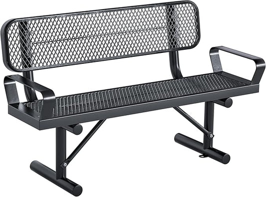 Outdoor Garden Bench, Cast Iron Metal Frame Patio Park Bench with Backrest, Portable Expanded Metal Black Bench, Commercial-Grade Outdoor Seating for Patio, Park, Garden (Black with armrest, 4FT/48'')