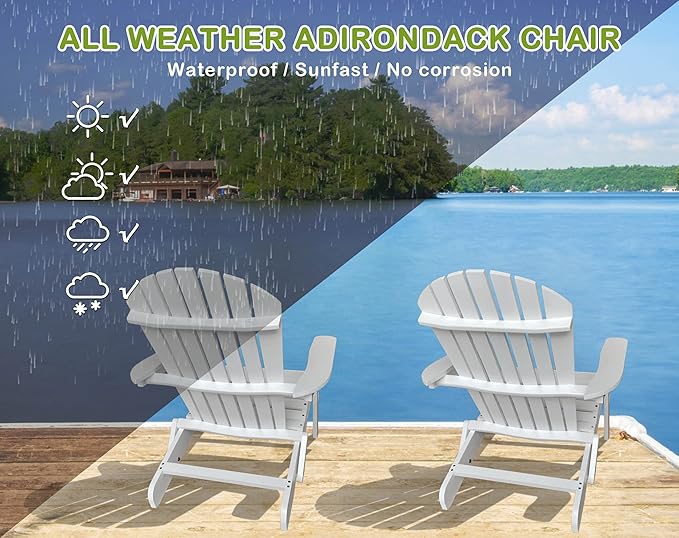 Foldable Adirondack Chairs - All-Weather Lawn & Patio Chairs with Wide Armrests, Solid Wood, 350 Lbs, White - Photo 6