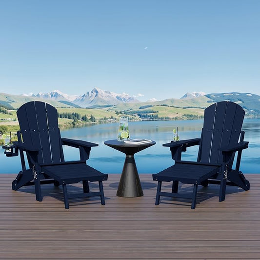 WestinTrends Malibu Folding Adjustable Adirondack Chair with Retractable Ottoman and Cup Holder (Set of 2), Navy Blue