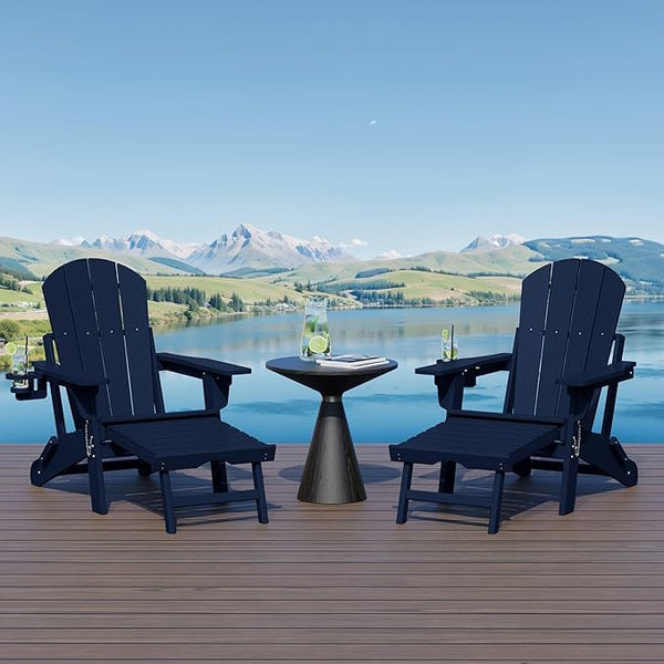 WestinTrends Malibu Folding Adjustable Adirondack Chair with Retractable Ottoman and Cup Holder (Set of 2), Navy Blue - Photo 1