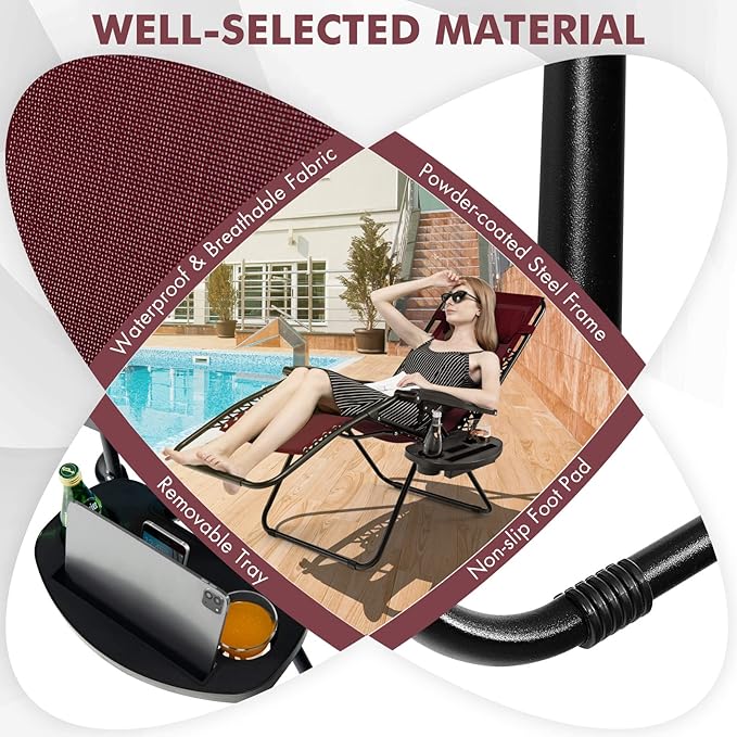Giantex Zero Gravity Reclining Chair, Outdoor Patio Recliner with Cup Holder & Removable Pillow, Adjustable Backrest, Indoor Lounge Chair for Backyard, Garden, Poolside (Burgundy)