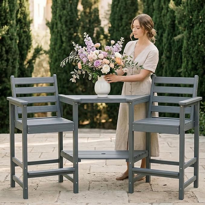 Kingdura Tall Adirondack Chairs Set of 2, Weather Resistant HDPE Bar Height Outdoor Stools with Removable Double Connecting Trays, Wooden Grain for Patio, Balcony, Deck (Grey)
