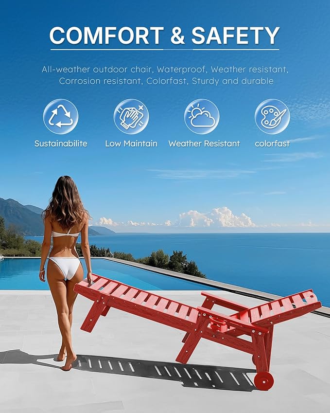 Chaise Lounge Chair Outdoor with Wheels, Oversize Patio Lounge Chairs with Wood Texture, 5-Position Plastic Lounge Chairs Set of 4-Red(Separate Delivery)
