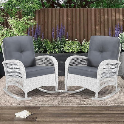 MEETWARM Outdoor Wicker Rocking Chairs Set of 2, Rattan Patio Rocker Chairs with Thick Cushions and High Back, All-Weather Patio Wicker Chair with Safe Rocking Design for Garden, White/Grey