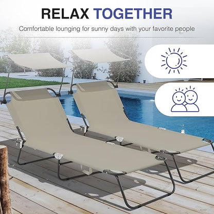 Folding Outdoor Lounge Chair Set of 2 with Adjustable Shade Canopy, Portable Sun Tanning Chairs, Gray (2, Taupe)