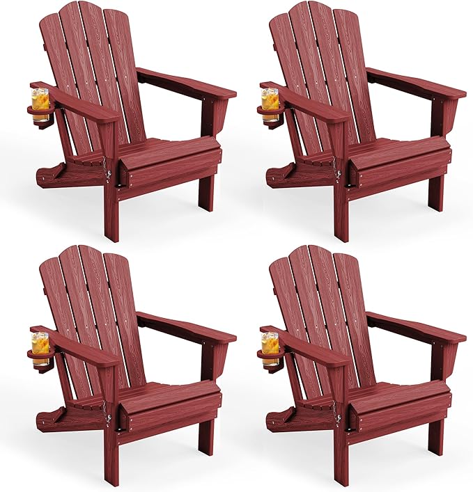 KINGYES Folding Adirondack Chair Set of 4, HDPE All-Weather Patio Chairs with Cup Holder - Photo 1