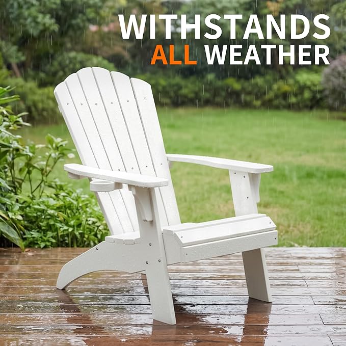Psilvam Adirondack Chair, Oversized Poly Lumber Fire Pit Chair with Cup Holder, 350Lbs Support Patio Chairs for Garden, Weather Resistant Outdoors Seating, Relaxing Gift for Father & Mother (2,White)