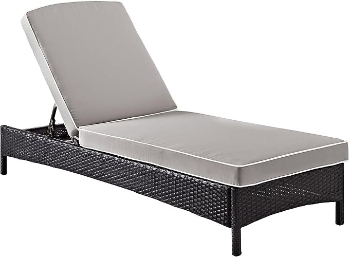 Crosley Furniture Palm Harbor Reclining Wicker Outdoor Chaise Lounge Chair for Patio, Deck, Poolside, Brown with Gray Cushions