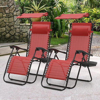 MoNiBloom Zero Gravity Chair Set of 2 with Canopy Shade, Patio Folding Anti Gravity Recliner, Foldable Outdoor Lounger with Cup Holder Tray for Beach Camping, Maroon