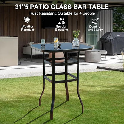 IDEALHOUSE 5 PCS Outdoor Bar Height Dining Set, 4 Swivel Bar Stools with 1 High Top Glass Table, All-Weather Metal & Textilene Patio Furniture Set for Backyard, Porch, Balcony, Poolside, Garden