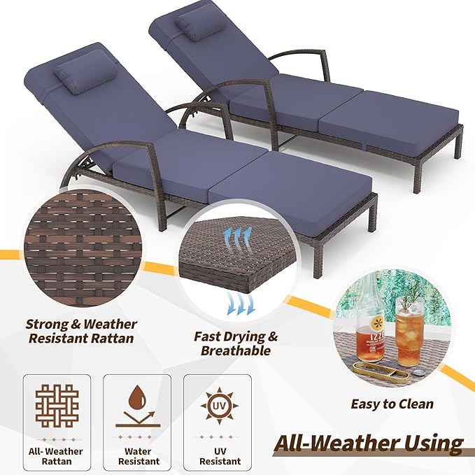 Garvee Chaise Lounge Outdoor Set of 2, PE Rattan Wicker Pool Lounge Chairs with 5-Level Adjustable Backrest - Photo 4