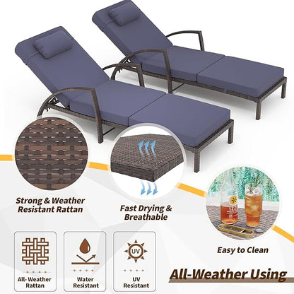 Garvee Chaise Lounge Outdoor Set of 2, PE Rattan Wicker Pool Lounge Chairs with 5-Level Adjustable Backrest, Blue Cushion, Armrest and Wheels, Outside Patio Furniture Set for Garden, Patio, Beach