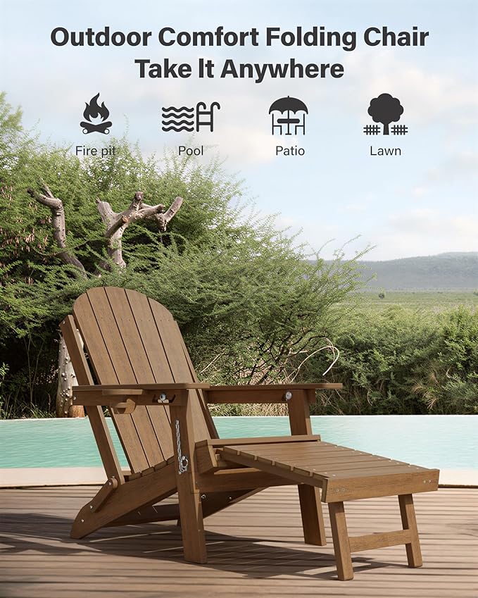 YEFU Adirondack Chair with Ottoman Outdoor: Adjustable Folding Adirondack Chairs Set of 2 - Fire Pit Chairs with Cup Holder - Sturdy HDPE Plastic All Weather for Patio/Fire Pit/Outside(Shallow walnut)