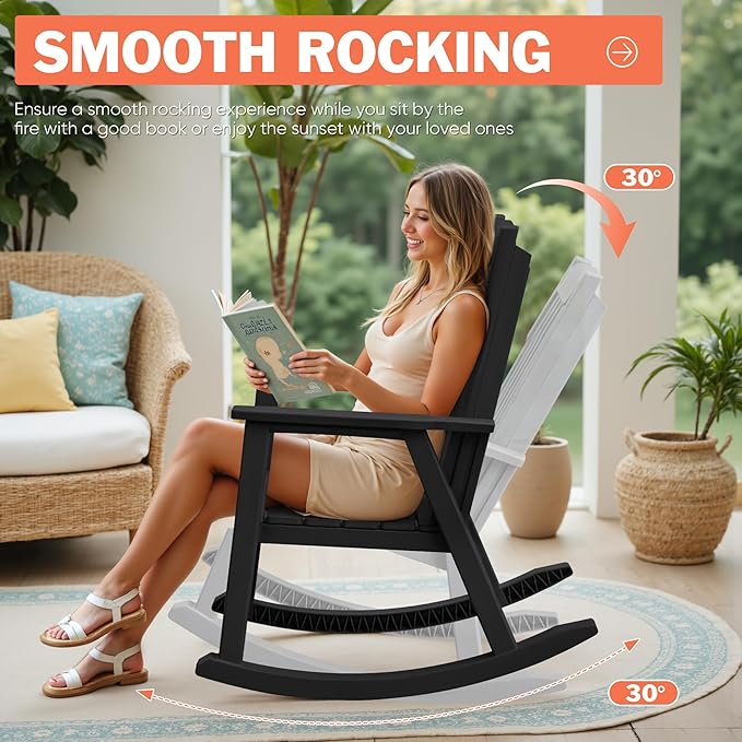Flamaker Outdoor Rocking Chairs, PP Material Patio Rocking Chairs All Weather Resistant, Heavy Duty Rockers with High Back for Patio Backyard Porch (Black)