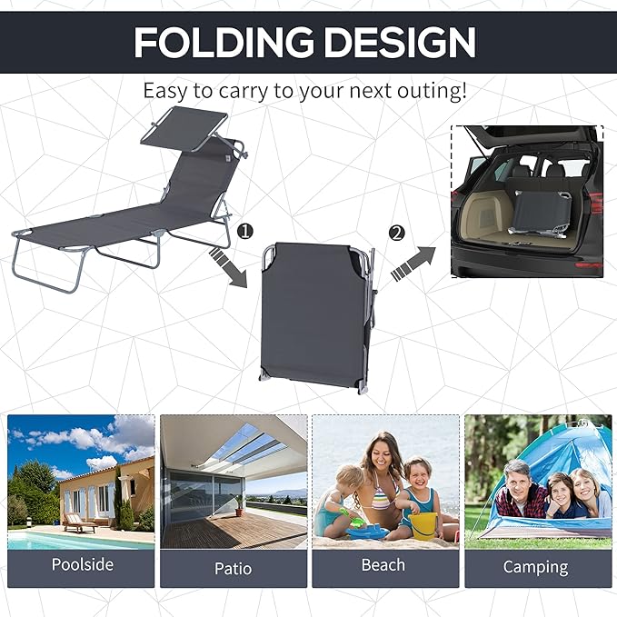 Outsunny Outdoor Lounge Chair, Adjustable Folding Chaise Lounge, Tanning Chair with Sun Shade for Beach, Camping, Hiking, Backyard, Gray