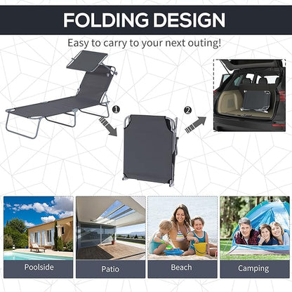 Outsunny Outdoor Lounge Chair, Adjustable Folding Chaise Lounge, Tanning Chair with Sun Shade for Beach, Camping, Hiking, Backyard, Gray