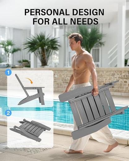 YEFU Adirondack Chair, Folding Adirondack Chairs Set of 2 with Arc Back & Cup Holder, Weather Resistant Plastic Oversized Chair for Outdoor Patio Lawn Garden Backyard Deck Fire Pit, Grey