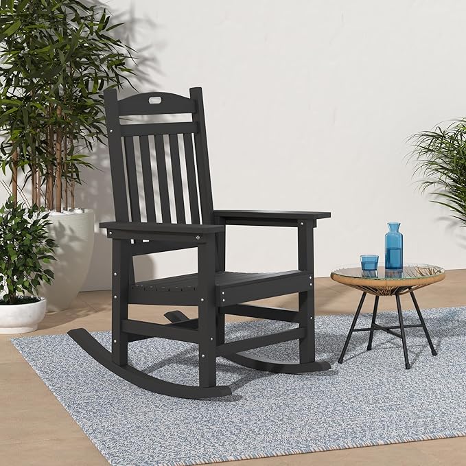 YEFU Outdoor Rocking Chair Porch: Outdoor Patio Rocking Chairs-Oversized Rocker Chair-All Weather Poly Rocker Lawn Chairs for Adult-Seat Area 22"x21"-Backrest Height 31"-380lbs Weight Capacity-Black