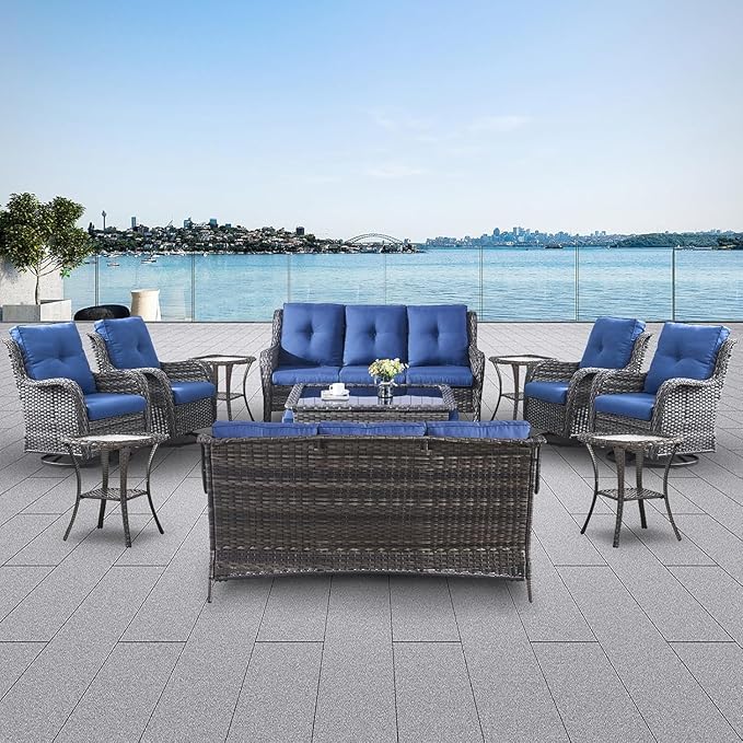 Belord 13 Piece Wicker Patio Furniture Set, Outdoor Swivel Rocker Chairs Set of 4 with Ottomans and Rattan Couch - Photo 2