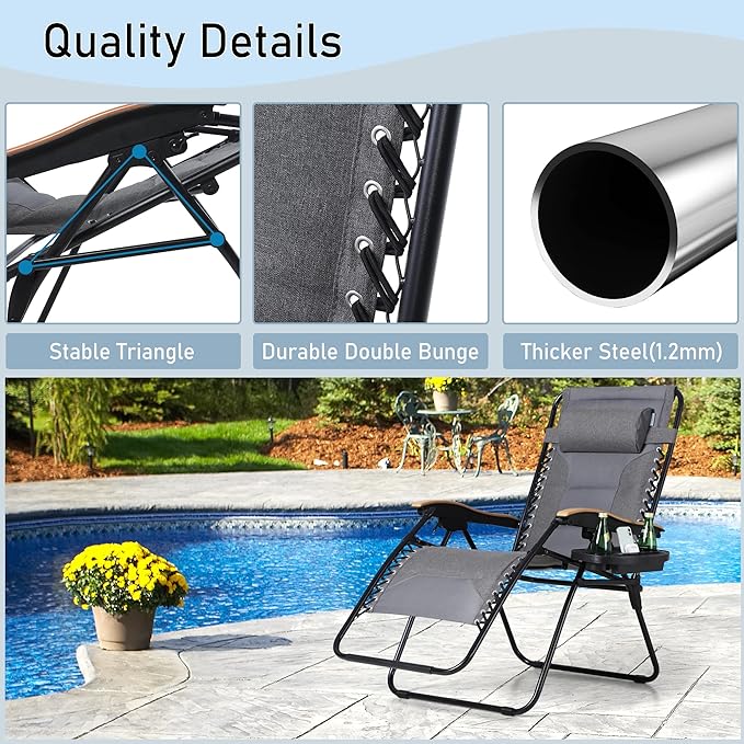 PHI VILLA XXL Oversized Padded Zero Gravity Chair Set of 2, Foldable Patio Recliner, 30" Wide Seat Anti Gravity Lounger with Armrest and Cup Holder, Support 400 LBS (Light Gray)