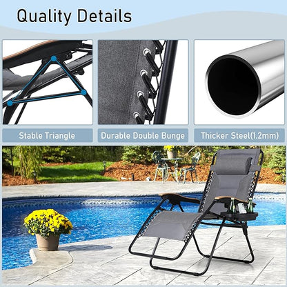 PHI VILLA XXL Oversized Padded Zero Gravity Chair Set of 2, Foldable Patio Recliner, 30" Wide Seat Anti Gravity Lounger with Armrest and Cup Holder, Support 400 LBS (Light Gray)