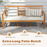 RELAX4LIFE 64’’ Outdoor Bench Acacia Wood - 3-Seat Patio Bench w/Slatted Backrest, Armrests & Seat Cushion - Photo 4