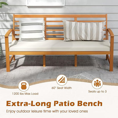 Tangkula 64 Inch Patio Acacia Wood Bench, 3-Seat Extra Long Chair with Cushion, Slatted Seat & Backrest, 3-Person Outdoor Wood Bench for Backyard, Porch, Balcony & Garden