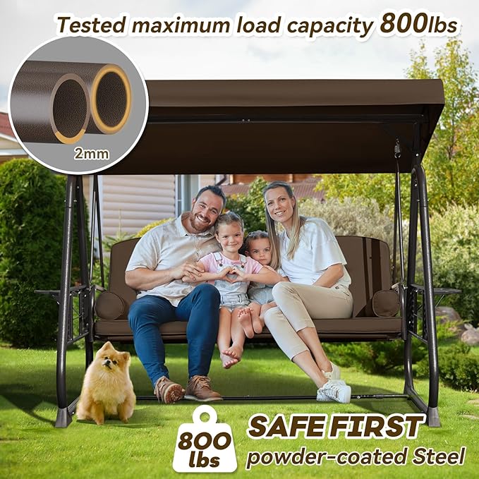 3 in 1 Outdoor Porch Swing with Adjustable Canopy, 3 Seat Outdoor Swing for Adults - Photo 2