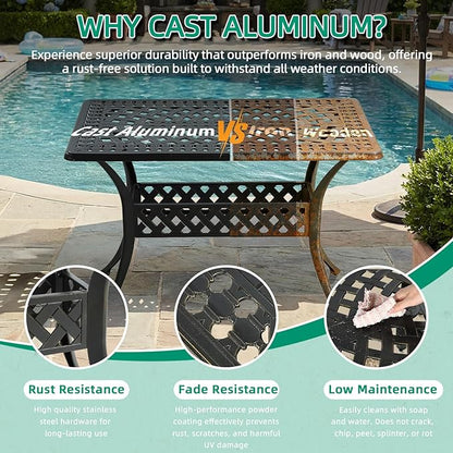 VIVIJASON 42" x 24" Cast Aluminum Outdoor Dining Table, Narrow Rectangular Bistro Table for Small Balcony, Rust Proof & Weather Resistant Patio Furniture for Backyard, Porch, Garden, Dark Bronze