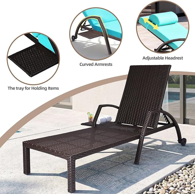 Patio Chaise Lounge Chairs Set of 6 Wicker Pool Lounge Chairs Outdoor with 5 Adjustable Back & Removable Cushion & Tray Tanning Chair Sun Loungers for Patio Poolside Deck Beach