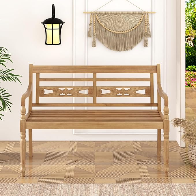Tangkula Outdoor Bench, 2-Person Garden Bench with Wide Backrest and Curved Armrests, Teak Wood Patio Bench for Backyard - Photo 4