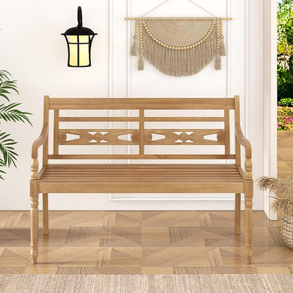 Tangkula Outdoor Bench, 2-Person Garden Bench with Wide Backrest and Curved Armrests, Teak Wood Patio Bench for Backyard, Porch and Park, 600 LBS/300 KG Weight Capacity, Natural